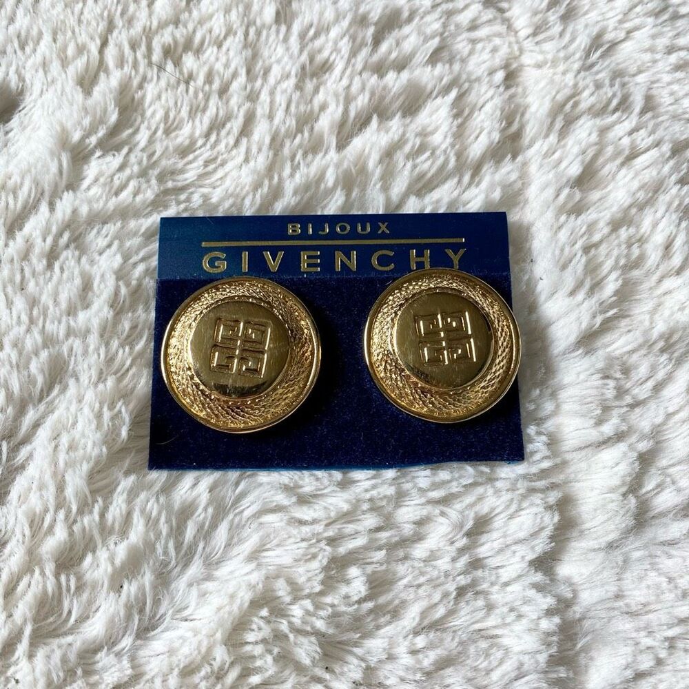 NEW Vintage Givenchy Logo Gold Tone Button Clip On Earrings Chunky Round